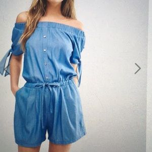 Denim off the shoulder romper with shoulder ties